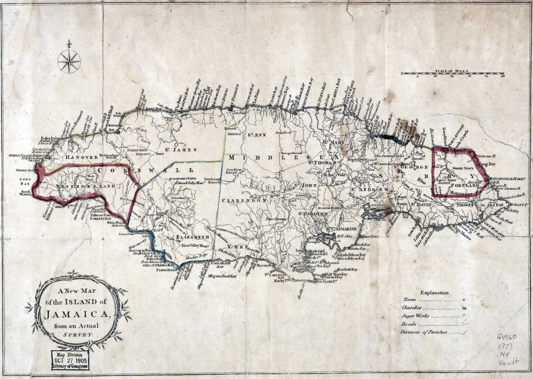 Большая детальная старая карта Ямайки - 1773