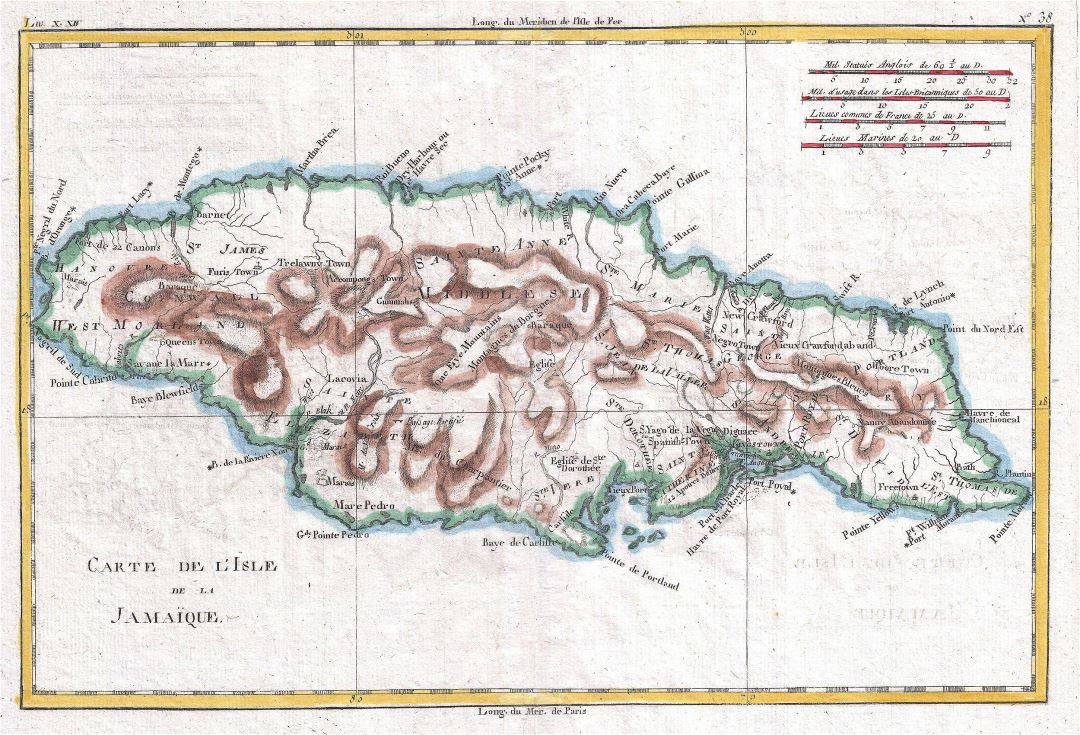 Большая детальная старая карта Ямайки с рельефом - 1780