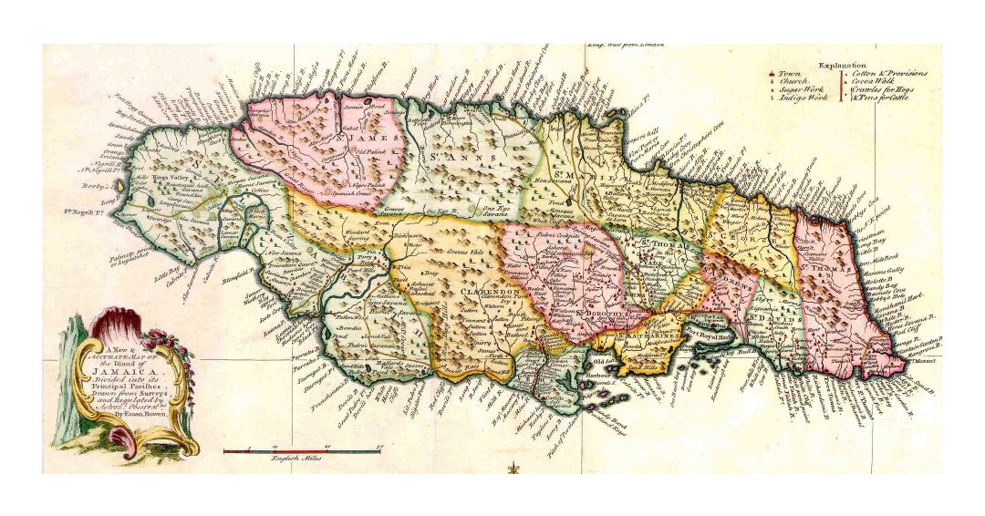 Большая детальная старая политическая и административная карта Ямайки с рельефом и другими пометками - 1744