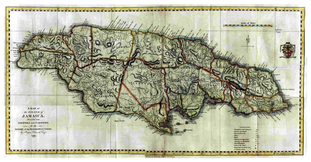 Большая подробная старая политическая и административная карта Ямайки с рельефом и другими пометками - 1794