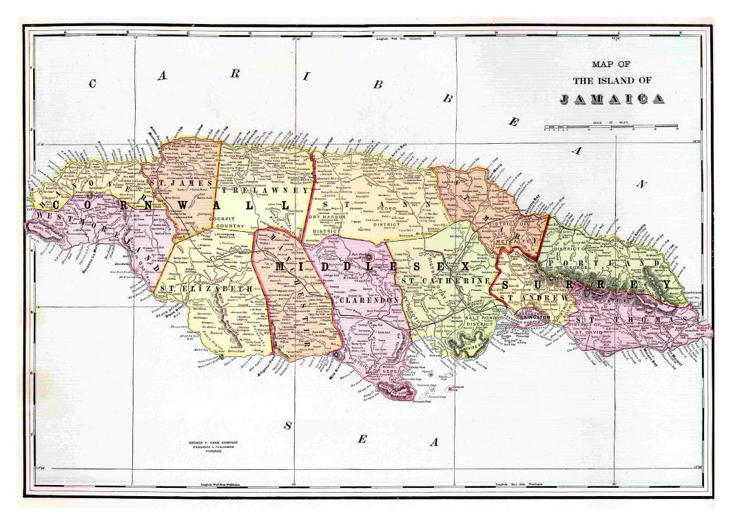 Большая детальная старая политическая и административная карта Ямайки с рельефом и другими пометками - 1910