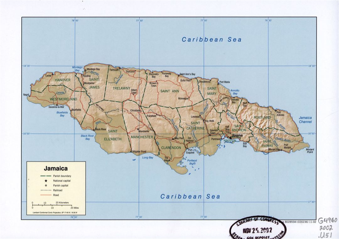 Большая детальная политическая и административная карта Ямайки с рельефом, дорогами, железными дорогами и крупными городами - 2002