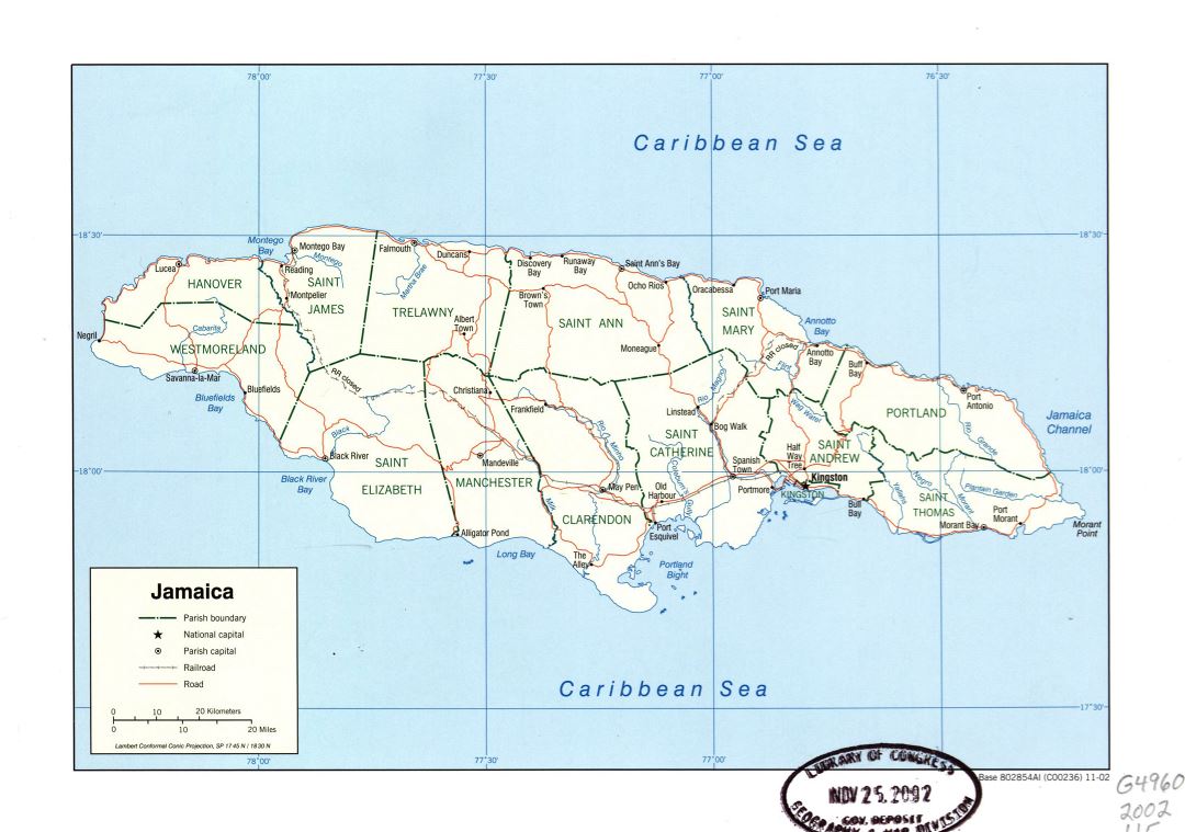 Большая подробная политическая и административная карта Ямайки с дорогами, железными дорогами и крупными городами - 2002