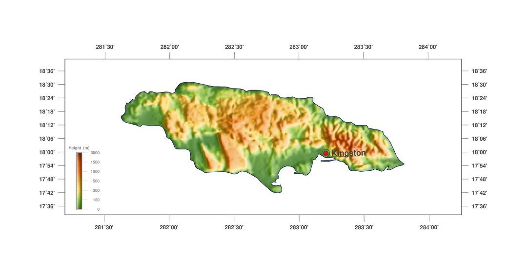 Большая карта высот Ямайки со столицей