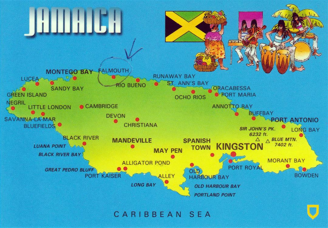 Большая карта Ямайки с городами