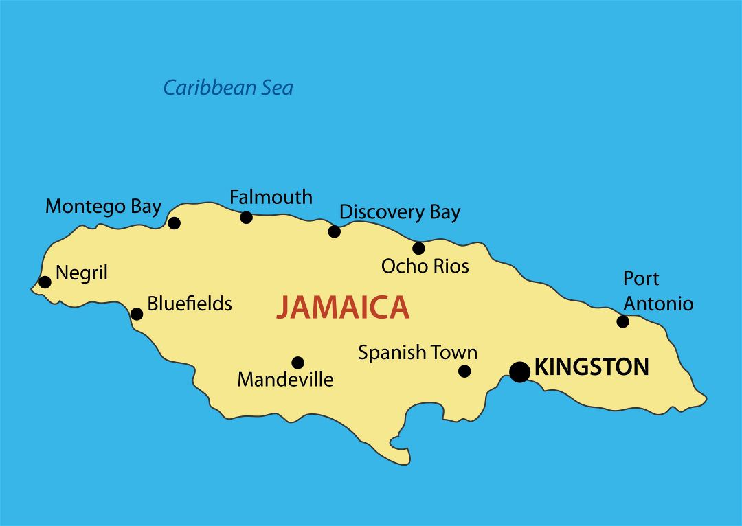 Большая карта Ямайки с крупными городами