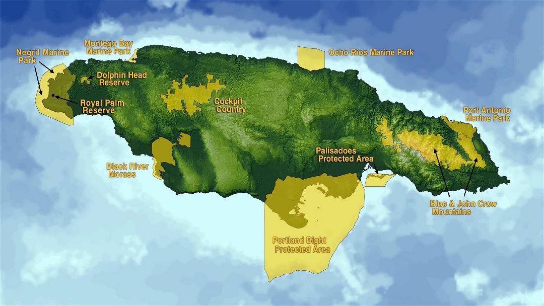 Большая карта Ямайки с охраняемыми территориями