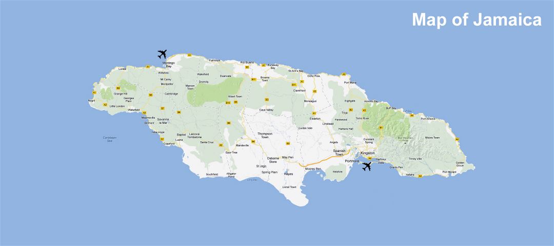 Большая карта Ямайки с дорогами, городами и аэропортами