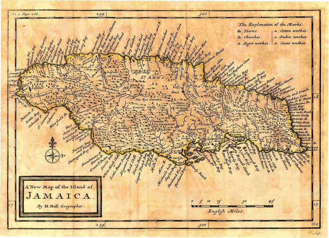 Большая старая карта Ямайки с рельефом и другими пометками - 1717