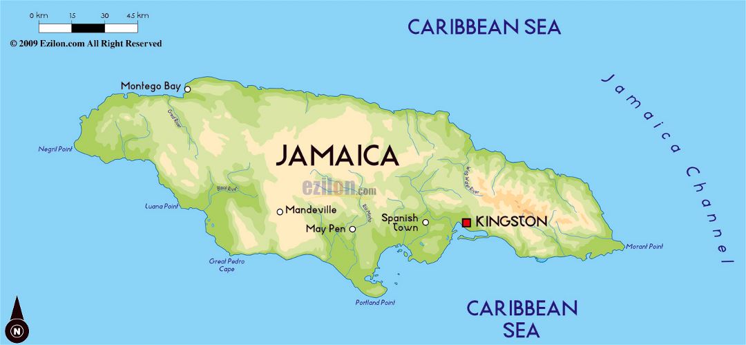 Большая физическая карта Ямайки с крупными городами