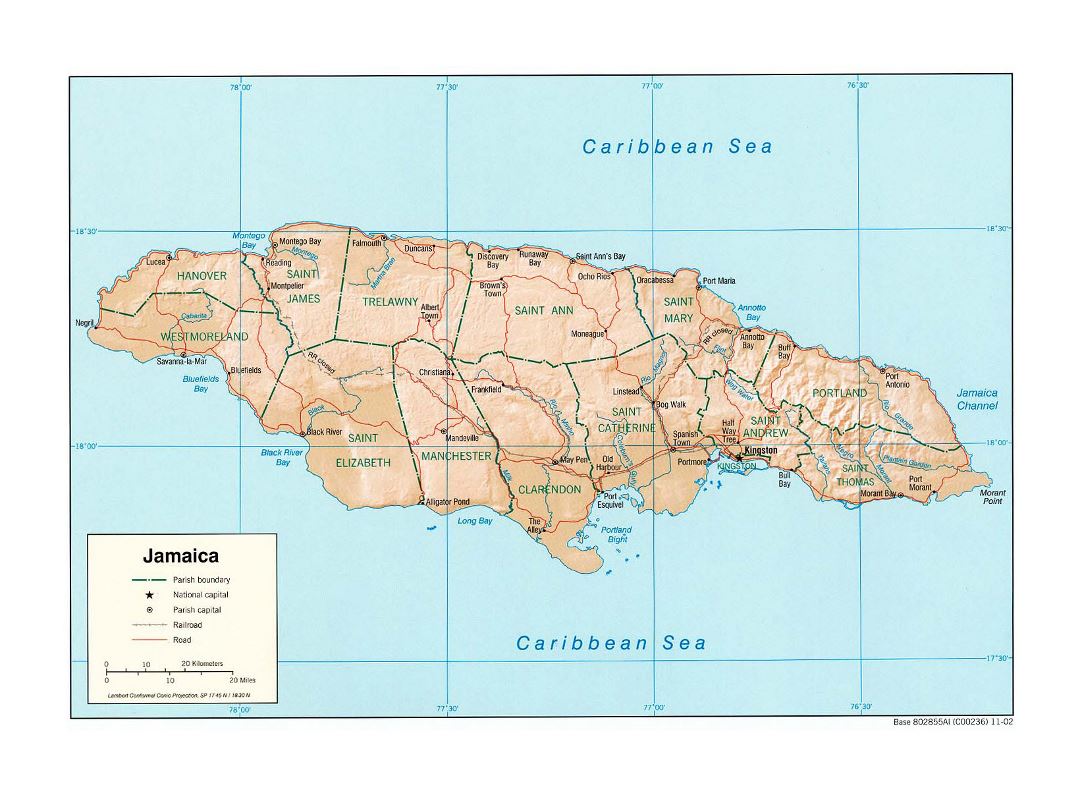 Большая политическая и административная карта Ямайки с рельефом, дорогами, железными дорогами и городами - 2002