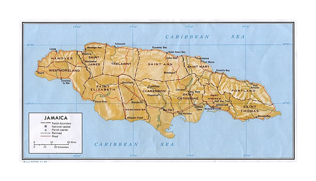 Большая политическая и административная карта Ямайки с рельефом, дорогами, железными дорогами и крупными городами - 1968