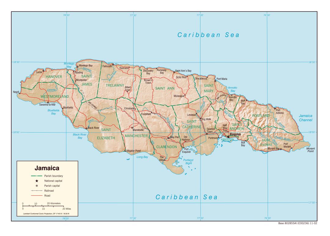 Большая политическая и административная карта Ямайки с рельефом, дорогами, железными дорогами и крупными городами - 2002