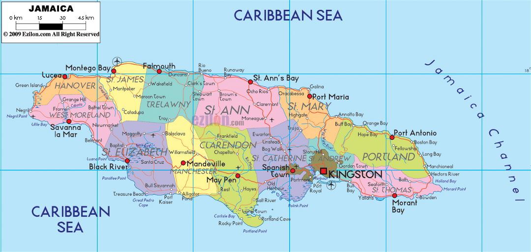 Большая политическая и административная карта Ямайки с дорогами, городами и аэропортами