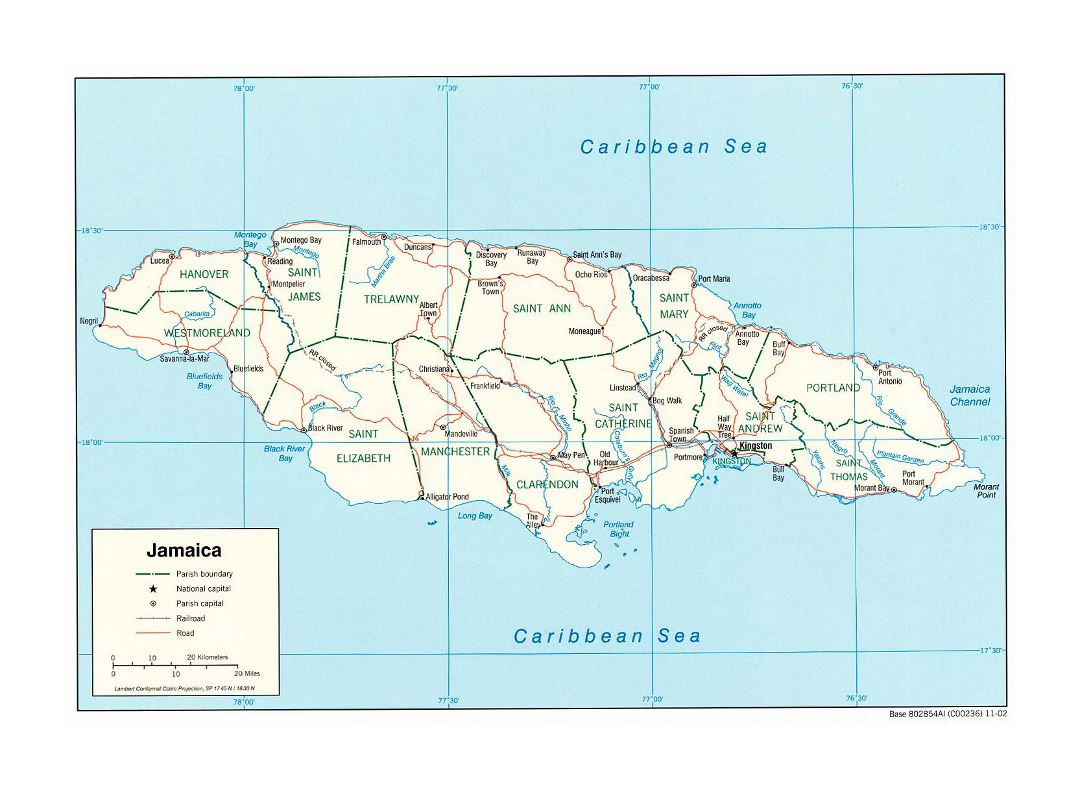 Большая политическая и административная карта Ямайки с дорогами, железными дорогами и городами - 2002