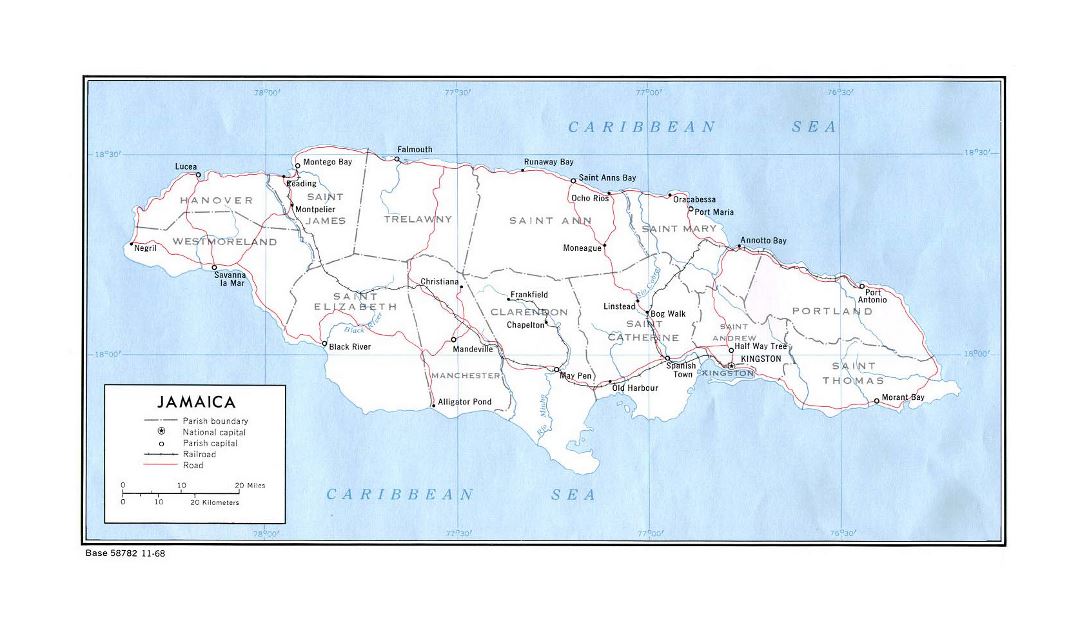 Большая политическая и административная карта Ямайки с дорогами, железными дорогами и крупными городами - 1968