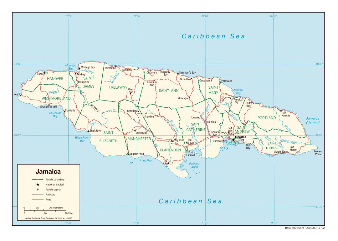 Большая политическая и административная карта Ямайки с дорогами, железными дорогами и крупными городами - 2002