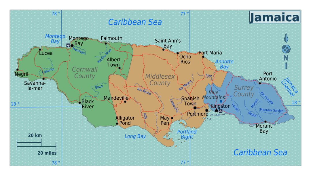 Большая карта регионов Ямайки