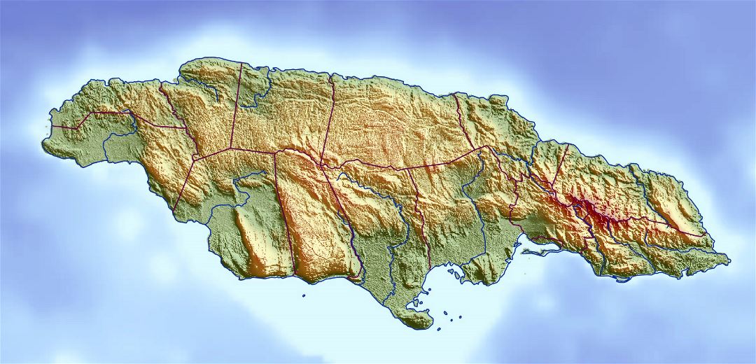 Большая карта рельефа Ямайки