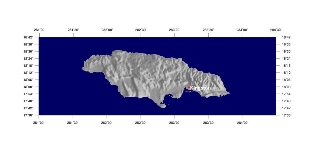 Большая карта рельефа Ямайки со столицей