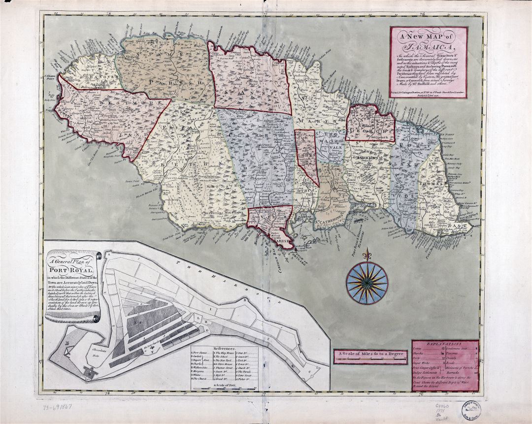 Крупномасштабная подробная старая карта Ямайки с административными делениями и другими пометками - 1771