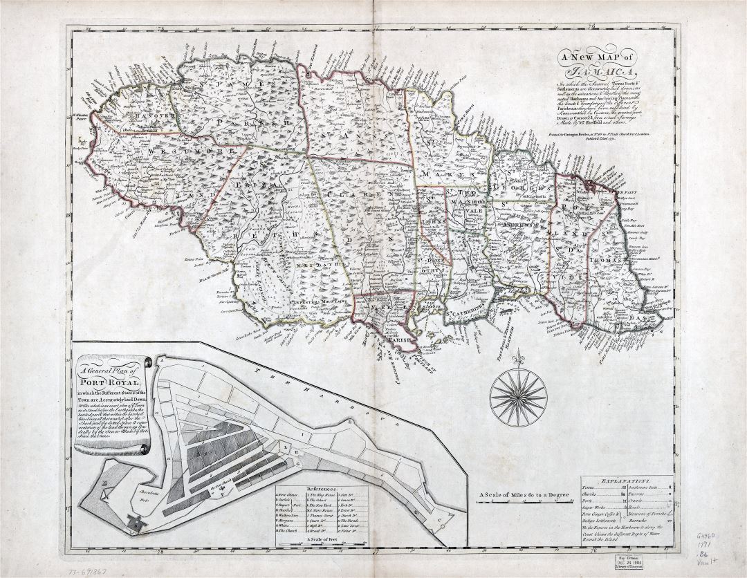 Крупномасштабная детальная старая карта Ямайки с рельефом, административными делениями и другими пометками - 1771