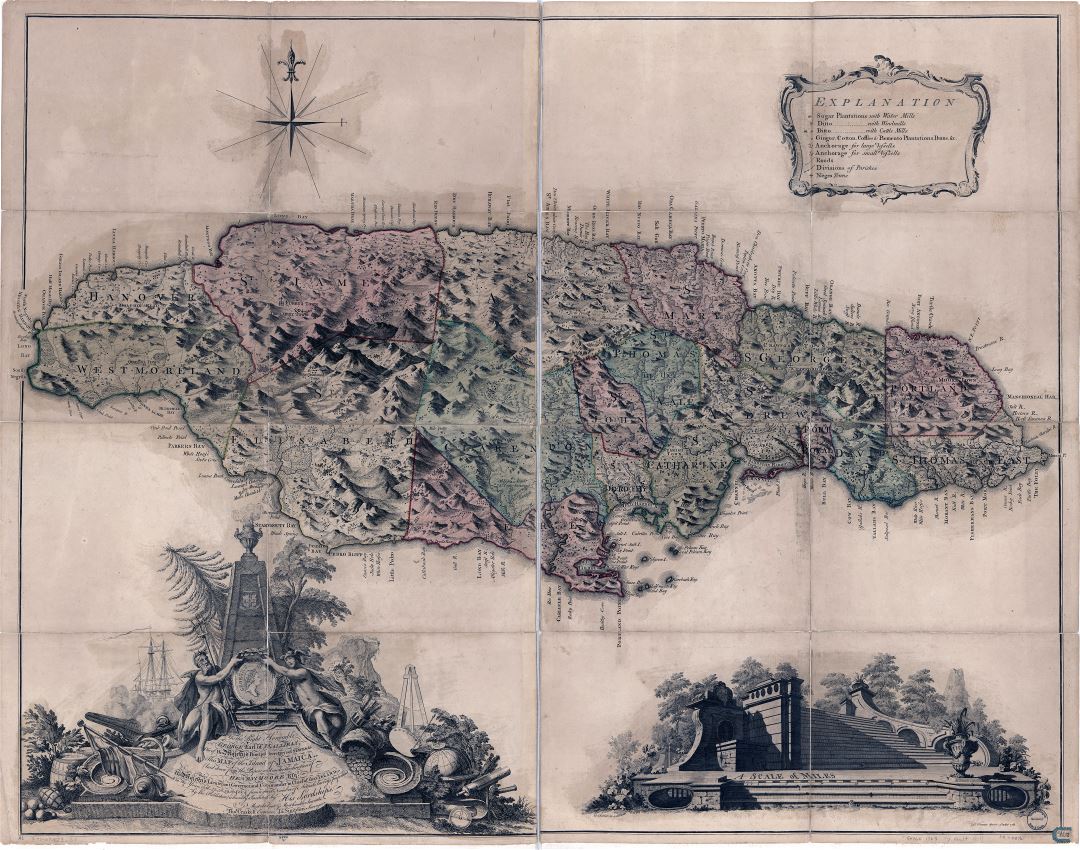 Крупномасштабная подробная старая карта Ямайки с рельефом и другими пометками - 1763