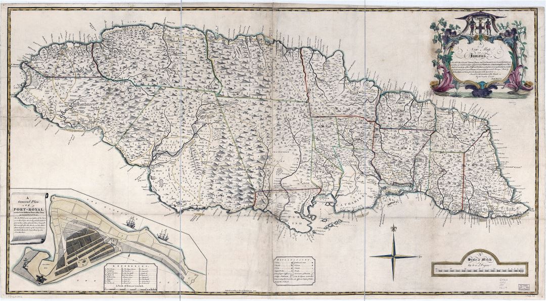 Крупномасштабная детальная старая политическая и административная карта Ямайки с рельефом и другими пометками - 1755