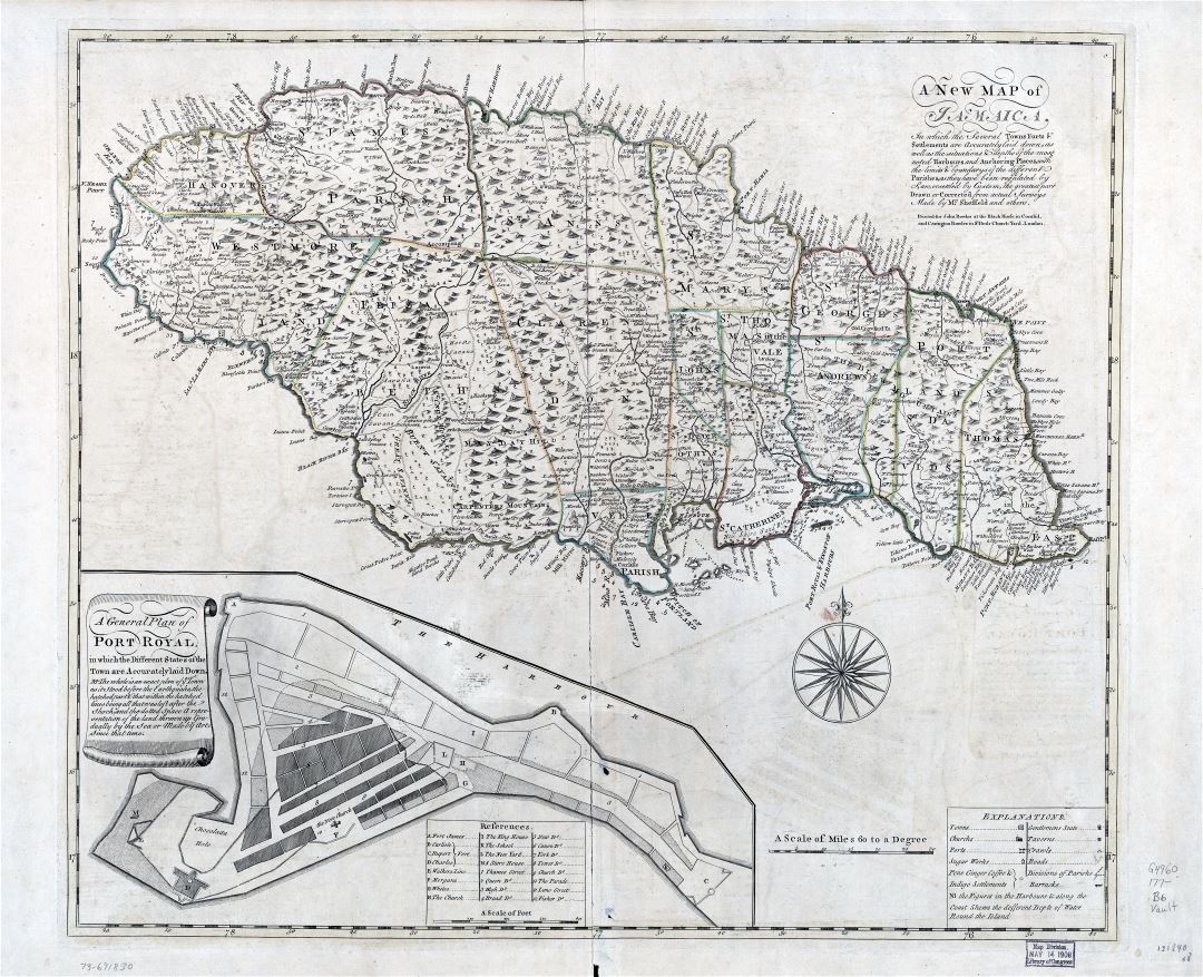 Крупномасштабная старая карта Ямайки с административными делениями и другими пометками - 1700х