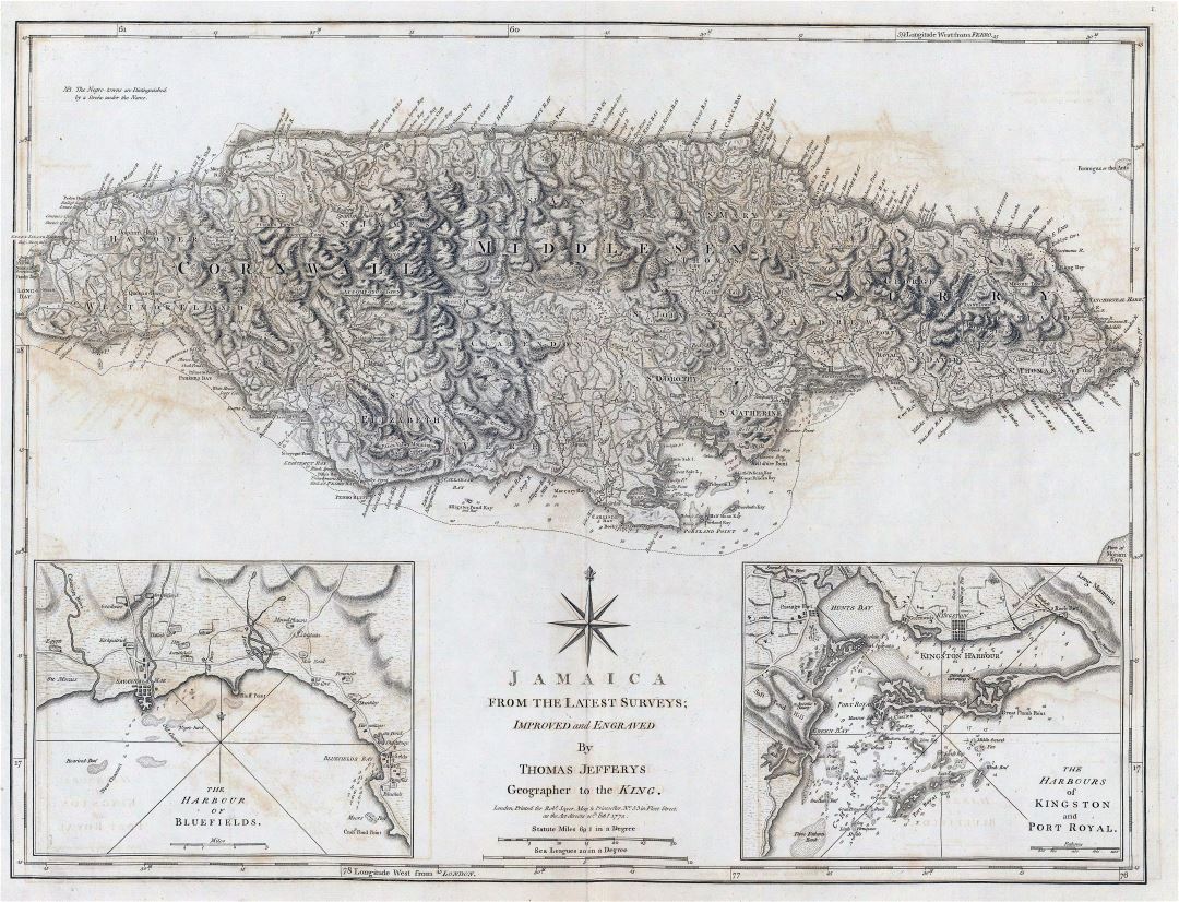 Крупномасштабная старая карта Ямайки с рельефом - 1775
