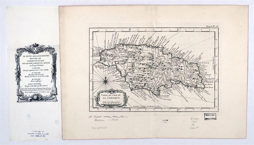 Крупномасштабная старая карта Ямайки с рельефом и другими пометками - 1764