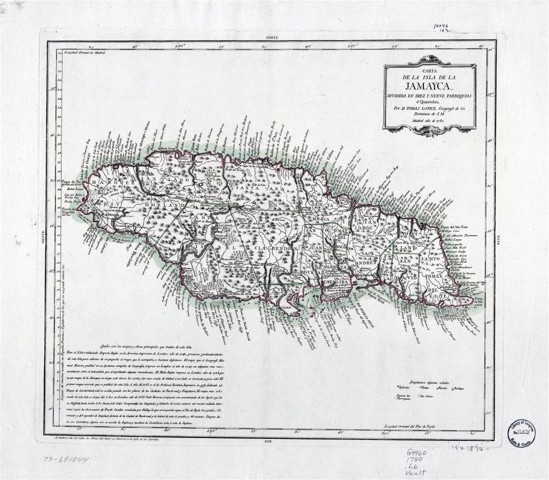 Крупномасштабная старая карта Ямайки с рельефом и другими пометками - 1780