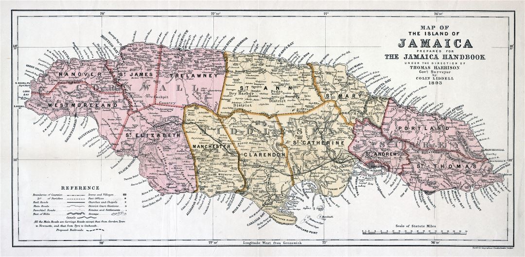 Крупномасштабная старая политическая и административная карта Ямайки с дорогами, железными дорогами, городами и другими пометками - 1893
