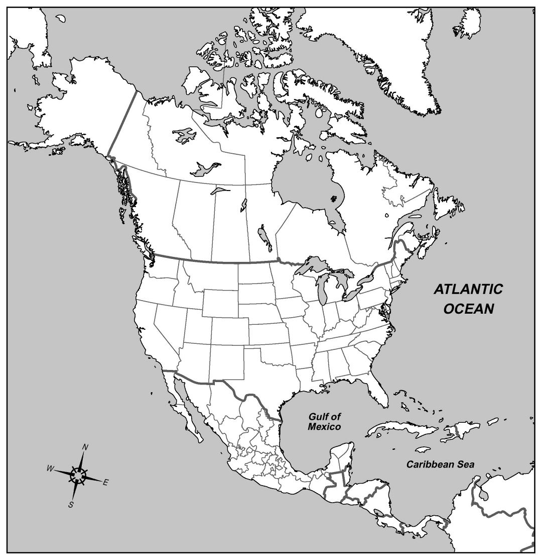 Большая контурная политическая карта Северной Америки