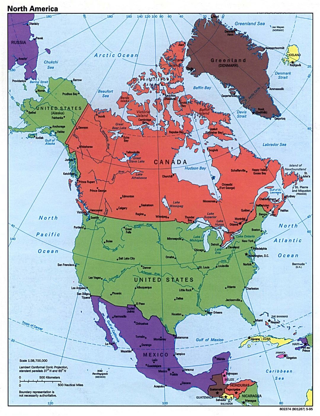 Большая подробная политическая карта Северной Америки - 1995