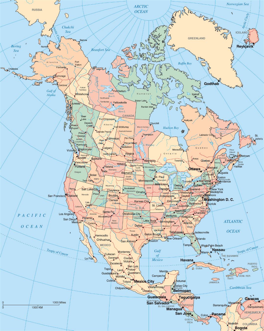 Большая подробная политическая карта Северной Америки с административным делением