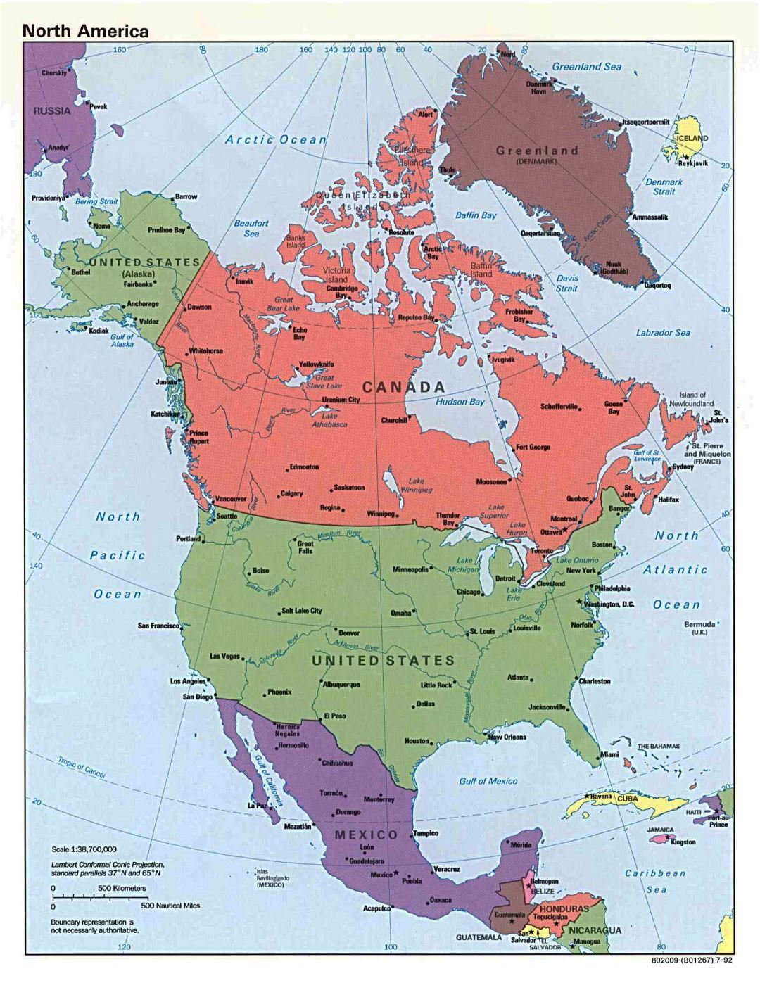Большая подробная политическая карта Северной Америки со столицами и крупными городами - 1992