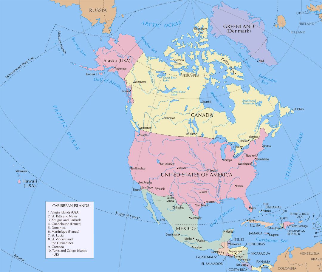 Большая подробная политическая карта Северной Америки со столицами