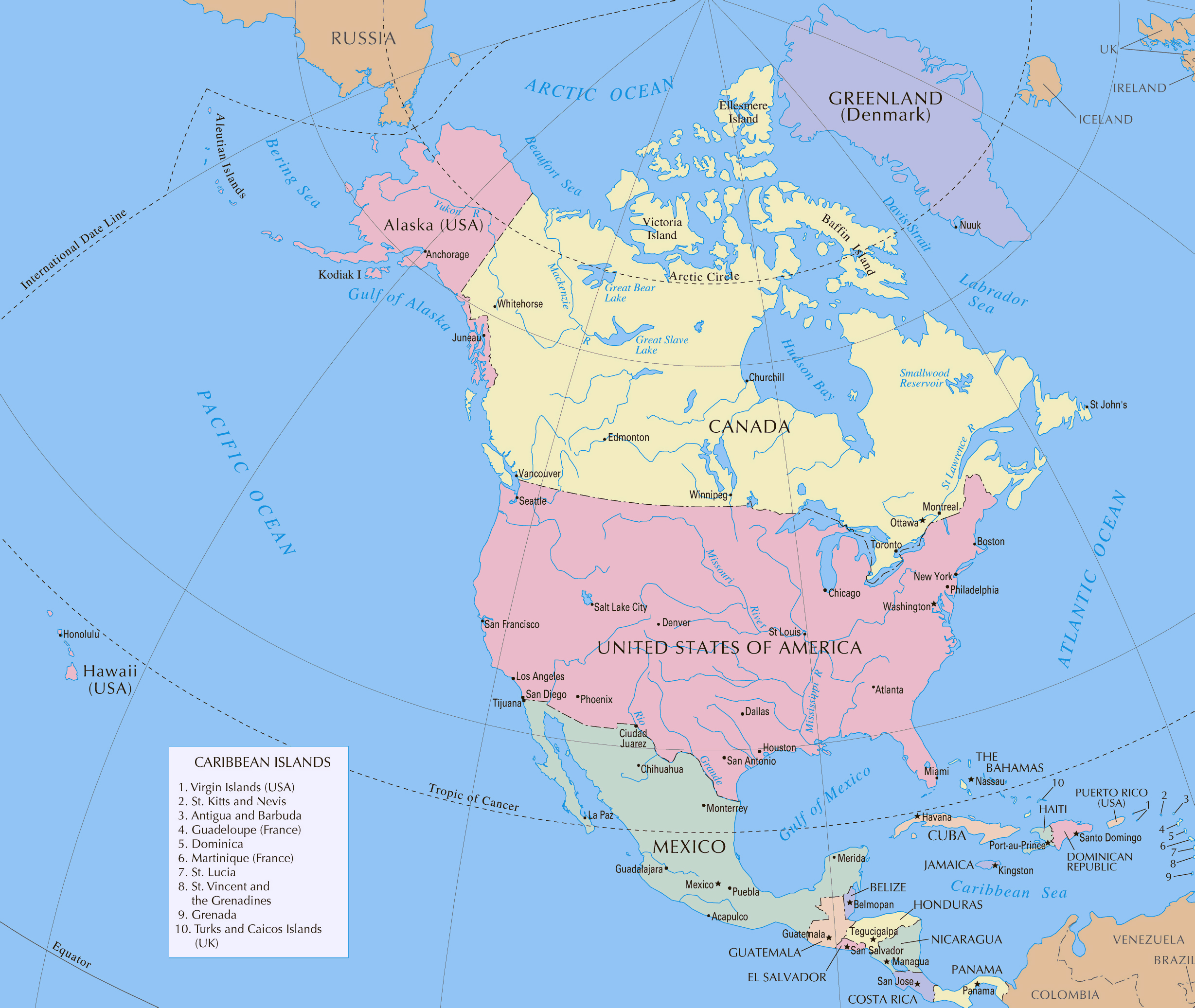 Физическая и политическая карта северной америки. Карта Северной Америки с границами. Карта стран Северной Америки на русском языке. Политическая карта Северной Америки. Полит карта Северной Америки.