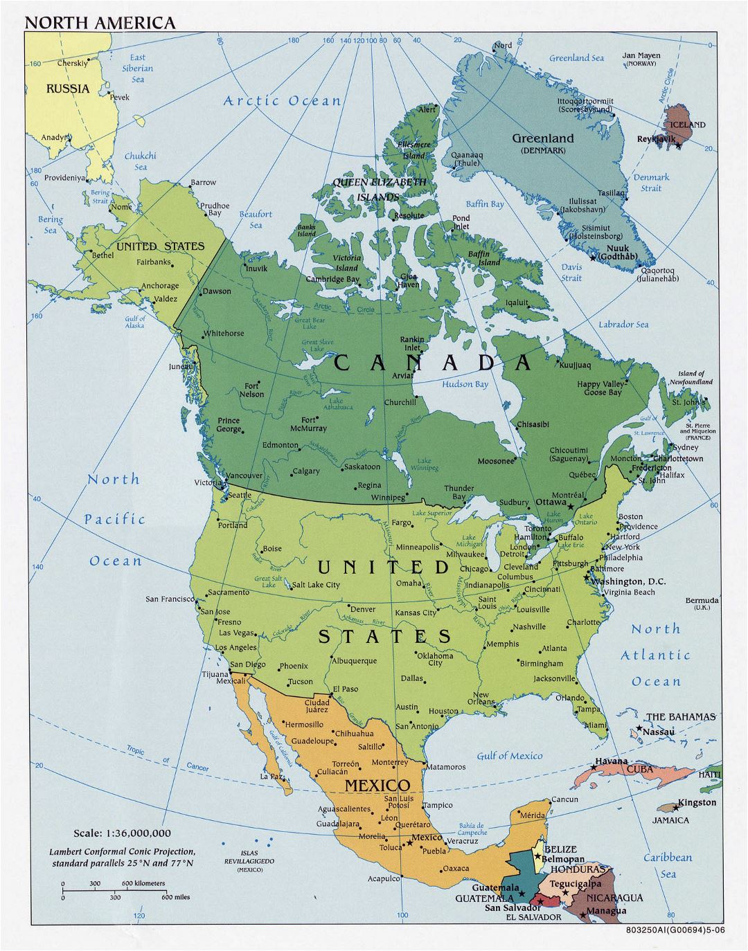 Большая подробная политическая карта Северной Америки с крупными городами - 2006