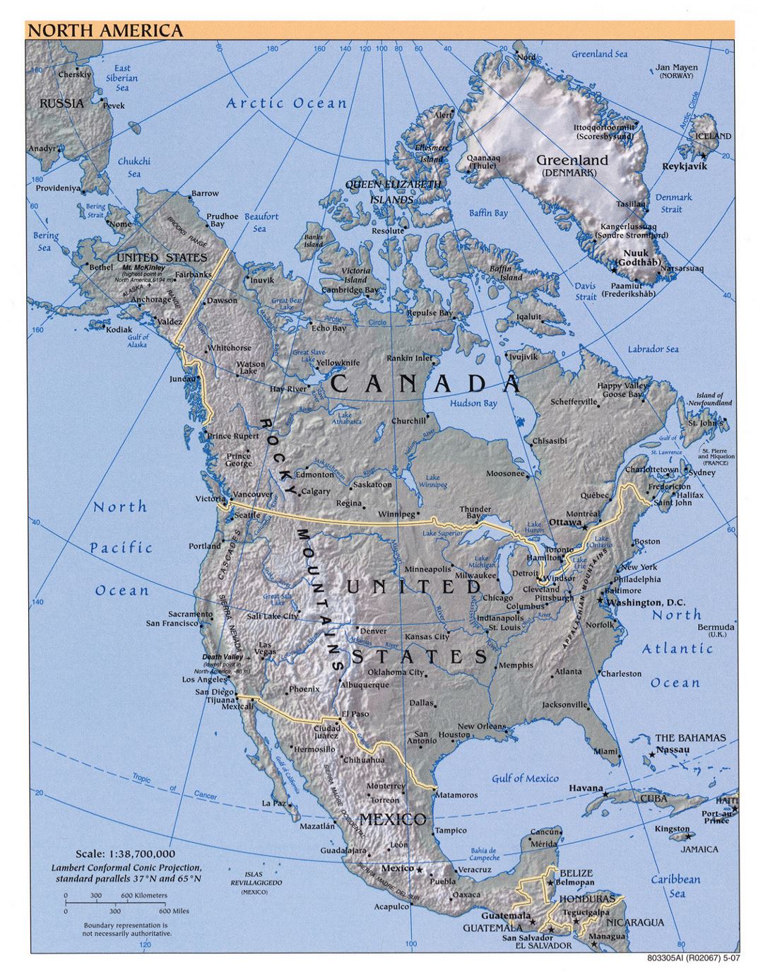Большая подробная политическая карта Северной Америки с рельефом и крупными городами - 2007