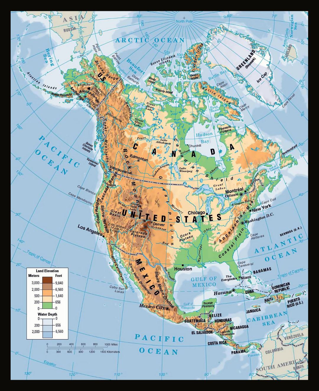 Большая физическая карта Северной Америки