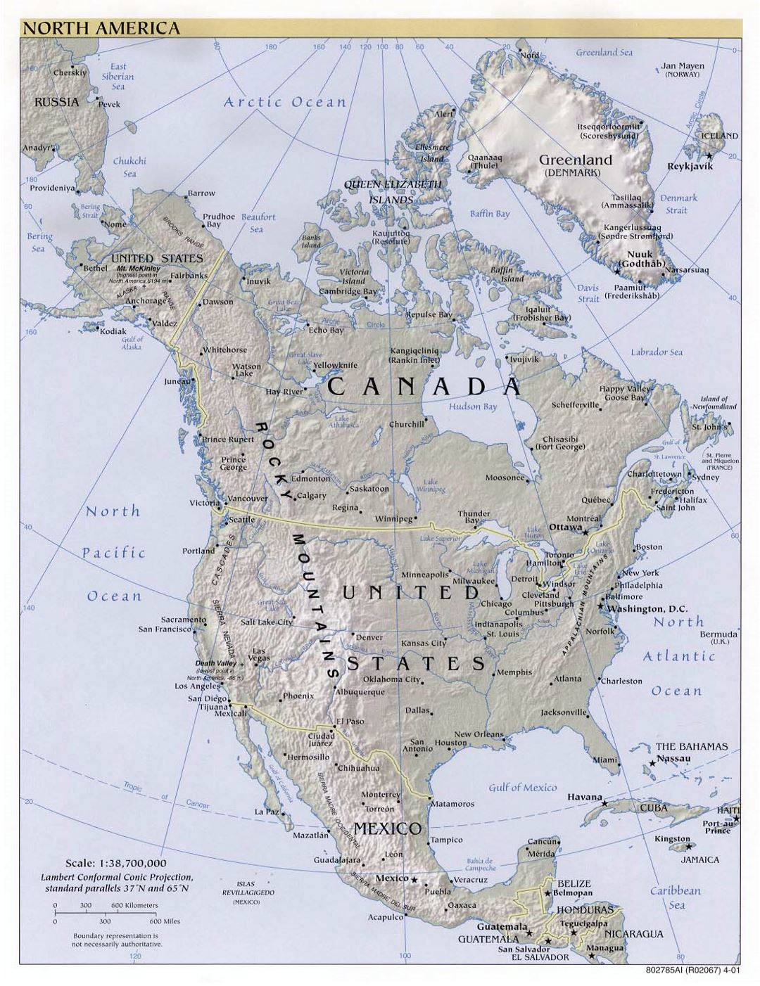 Большая политическая карта Северной Америки с рельефом и столицами - 2001