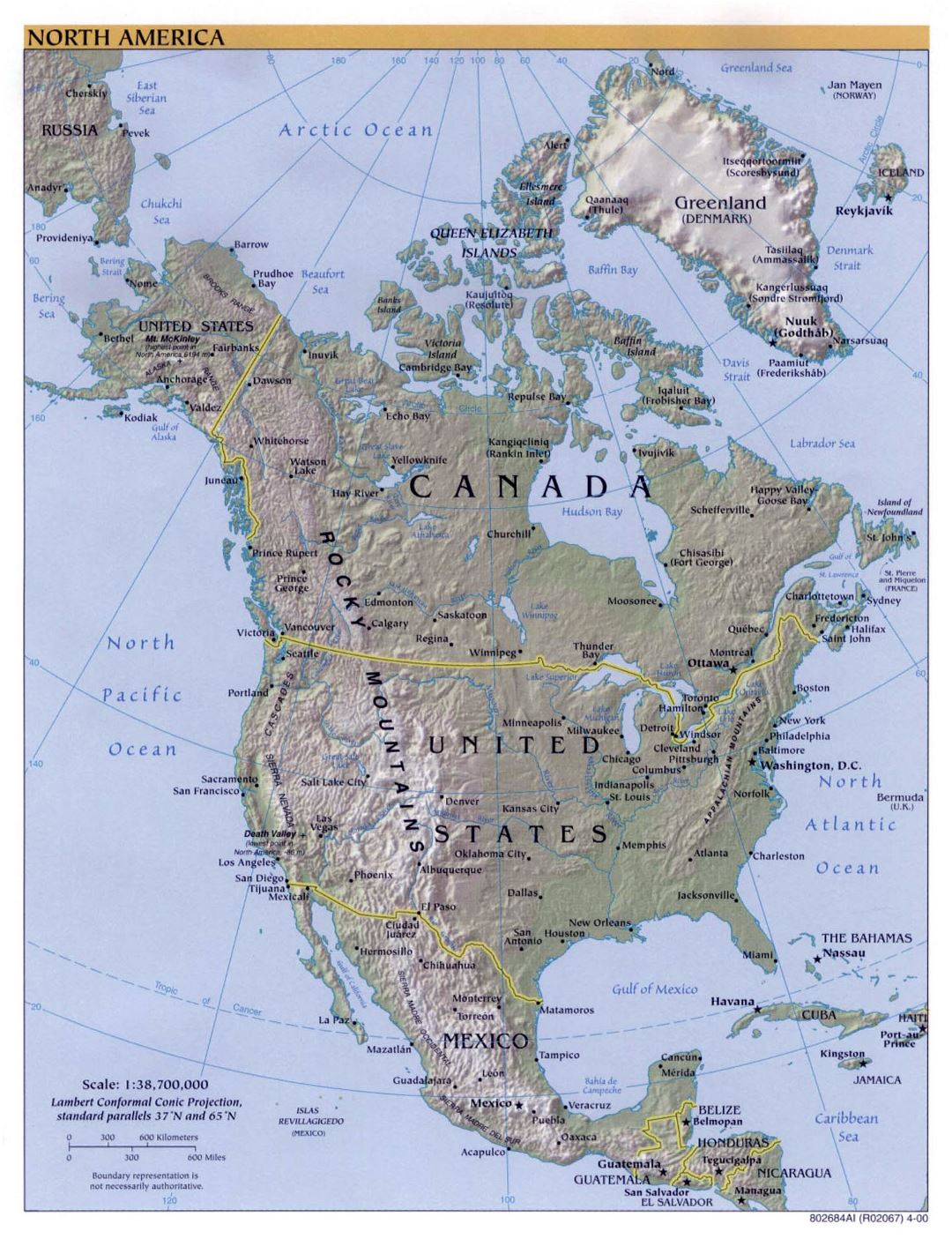 Большая политическая карта Северной Америки с рельефом и городами - 2000