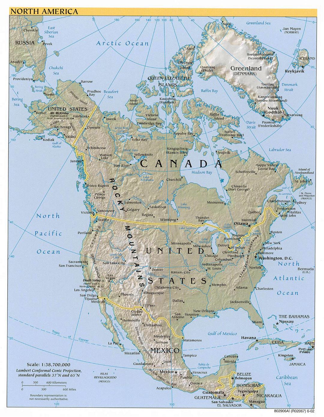 Большая политическая карта Северной Америки с рельефом, столицами стран и крупными городами - 2002
