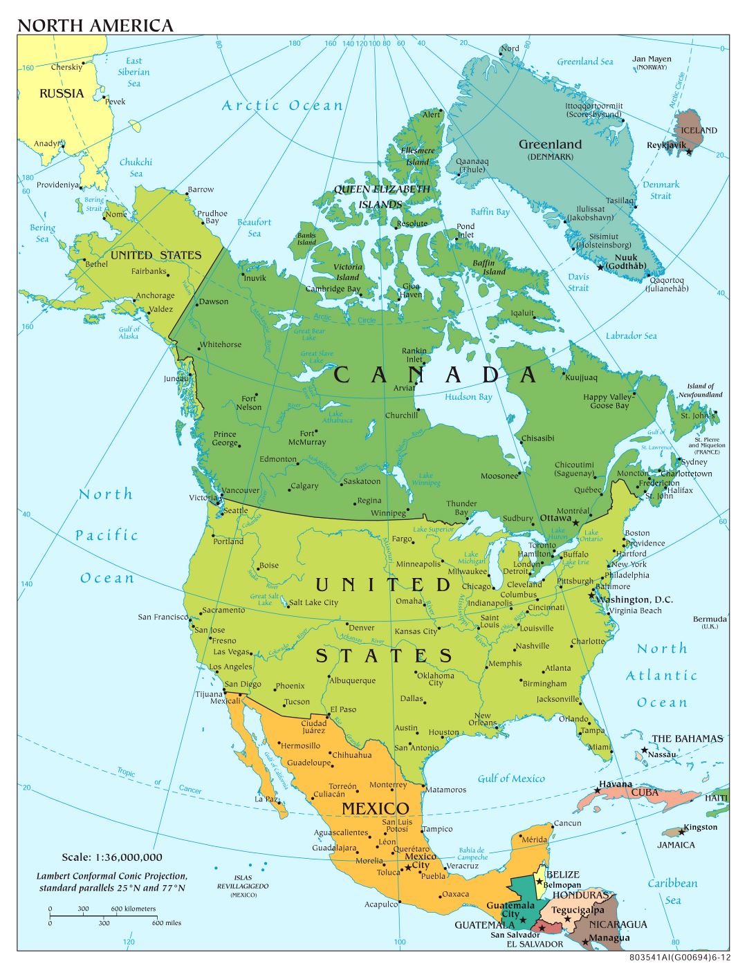 Крупномасштабная политическая карта Северной Америки с крупными городами и столицами - 2012
