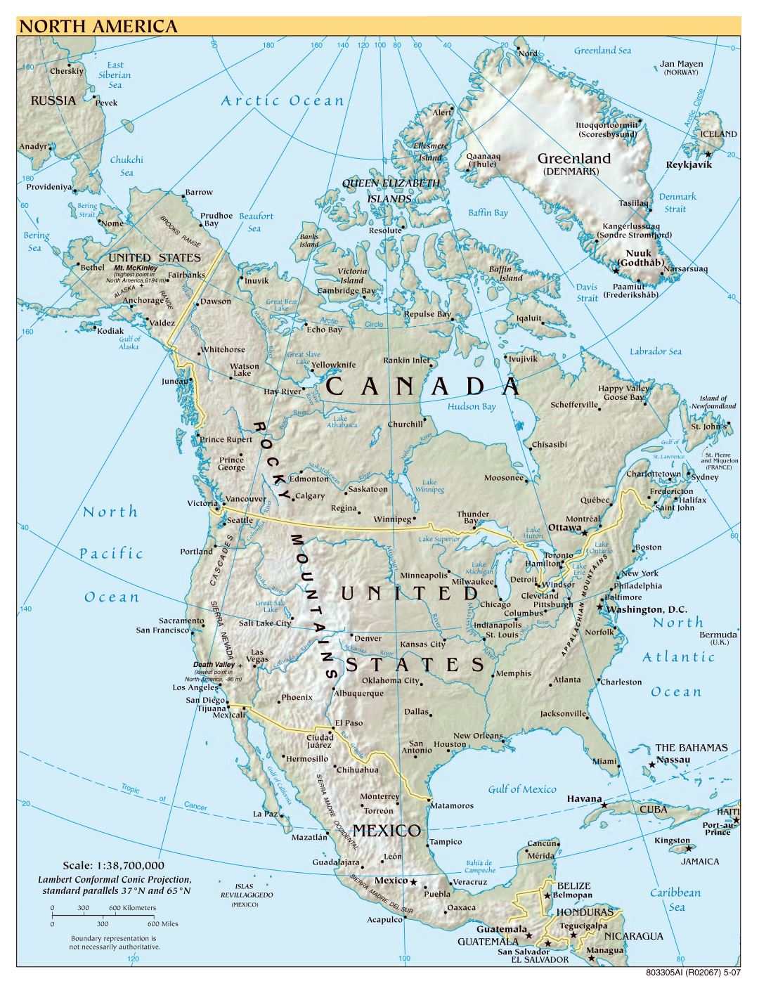 Крупномасштабная политическая карта Северной Америки с рельефом - 2007