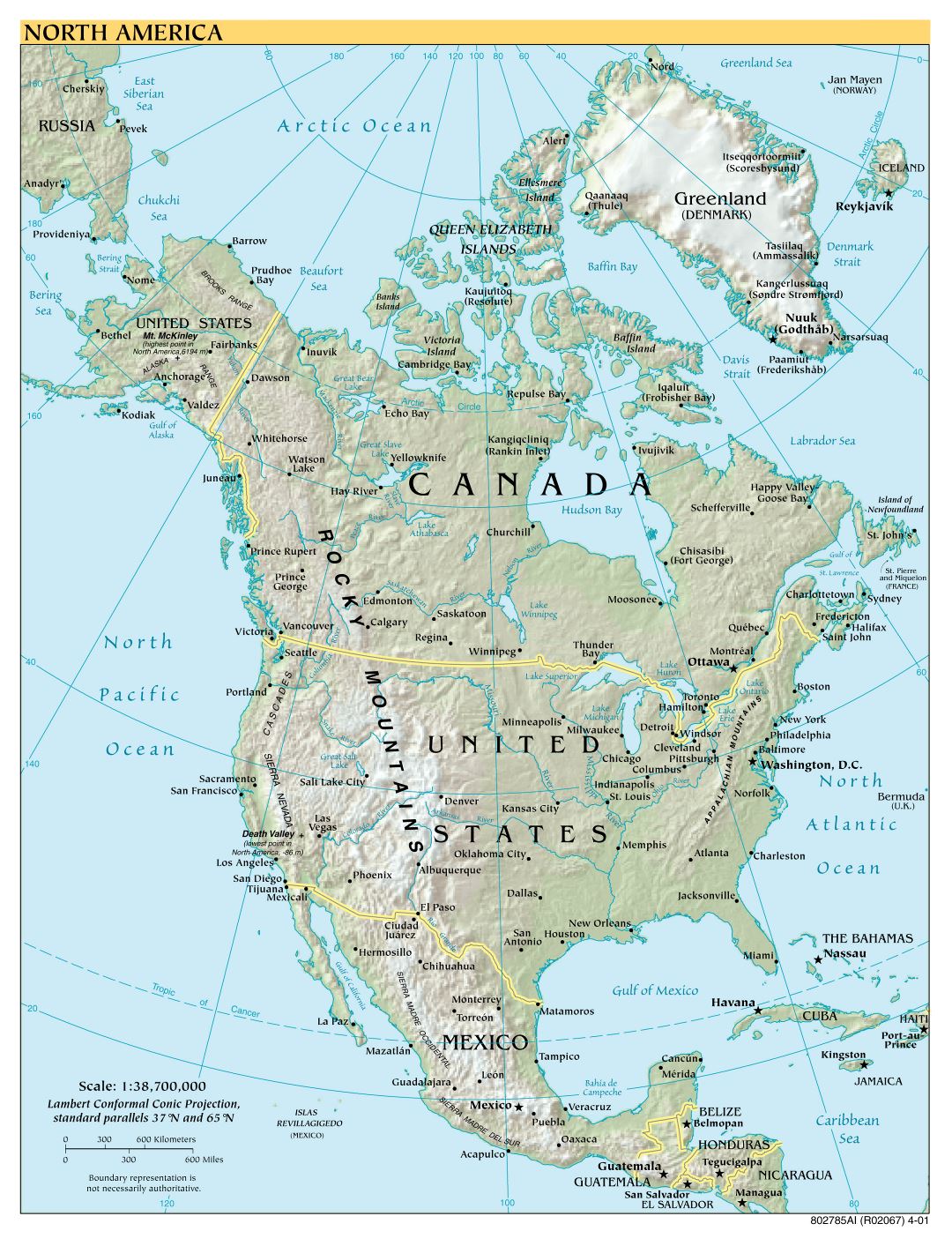 Крупномасштабная политическая карта Северной Америки с рельефом и столицами - 2001