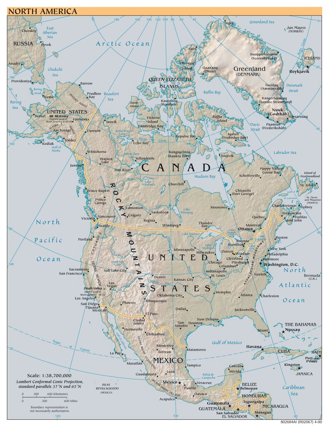 Политическая карта Северной Америки большого формата с рельефом и городами - 2000
