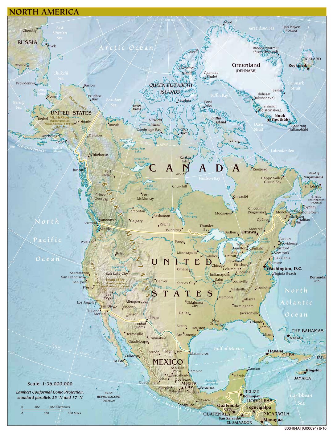 Крупномасштабная политическая карта Северной Америки с рельефом, крупными городами и столицами - 2010
